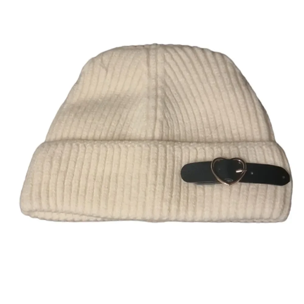 NWT Dolls Kill Cream Ribbed Buckle Beanie - Edgy Winter Skull Cap